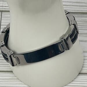 H0024 Men Stainless Steel Link Chain Black Silicone Bracelet